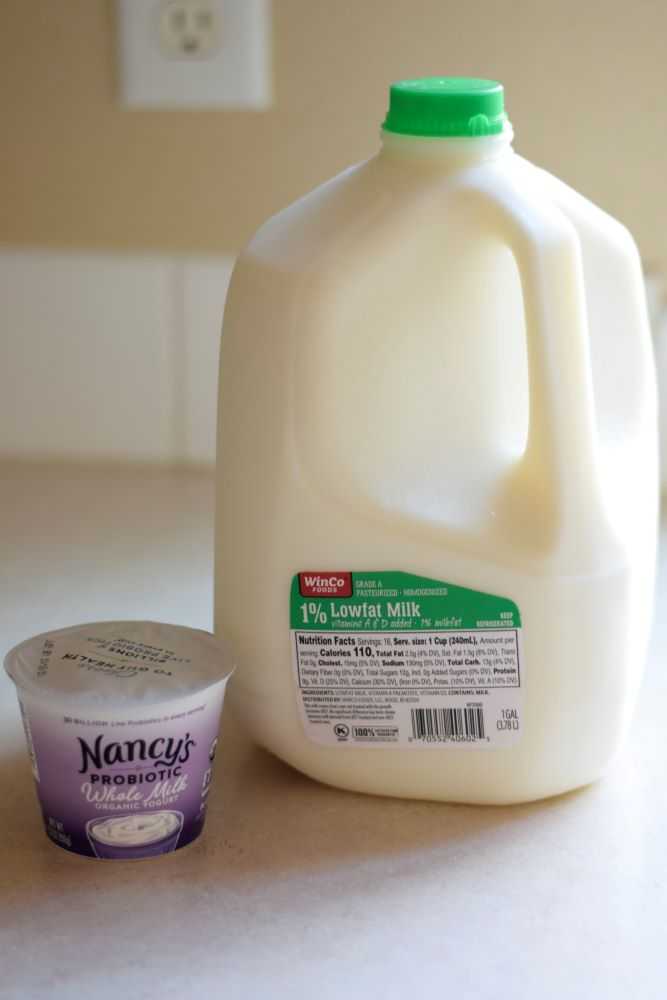 A gallon of 1% Milk and a container of yogurt on the counter