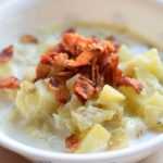 bowl of leek and potato soup with bacon