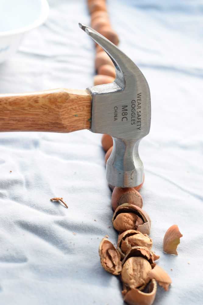Crack the hazelnut shell using a hammer