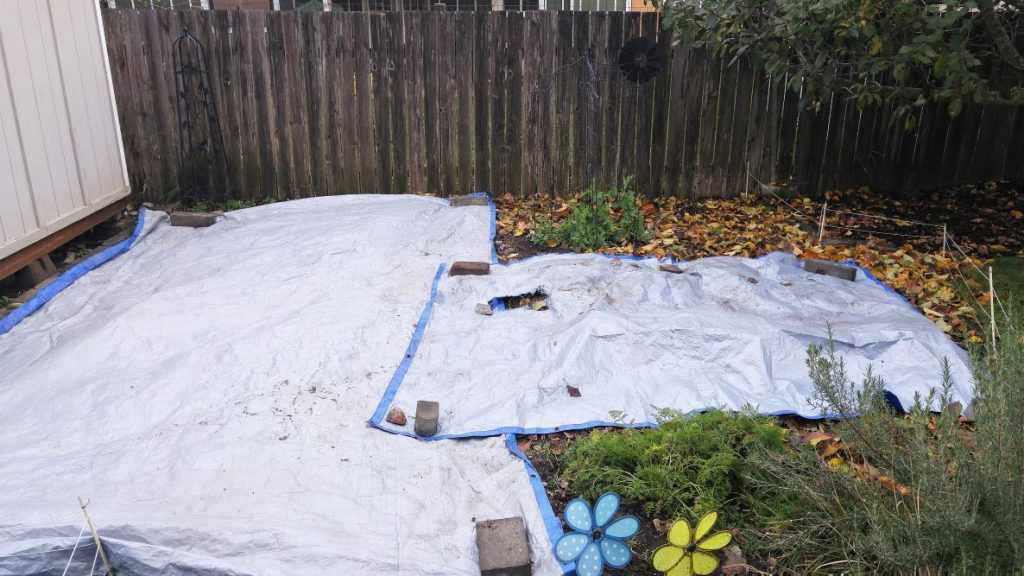 Garden covered with leaves and a tarp