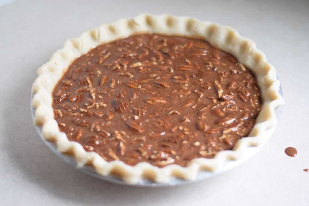 Chocolate pecan pie ready for the oven